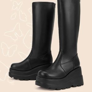 Black Knee High Platform Wedge Stretch Boots 7.5